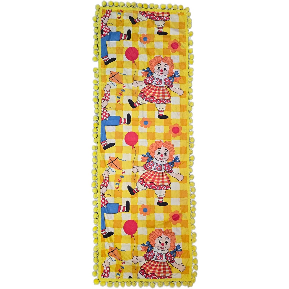 Vintage Raggedy Ann Andy wall hanging/ runner Yellow Checkered Pom Pom Trim